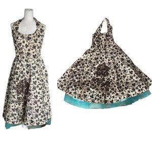 Treslise Cooper Silk Beige Black Aqua Tulle Beaded Halter Flared Midi Dress - 8